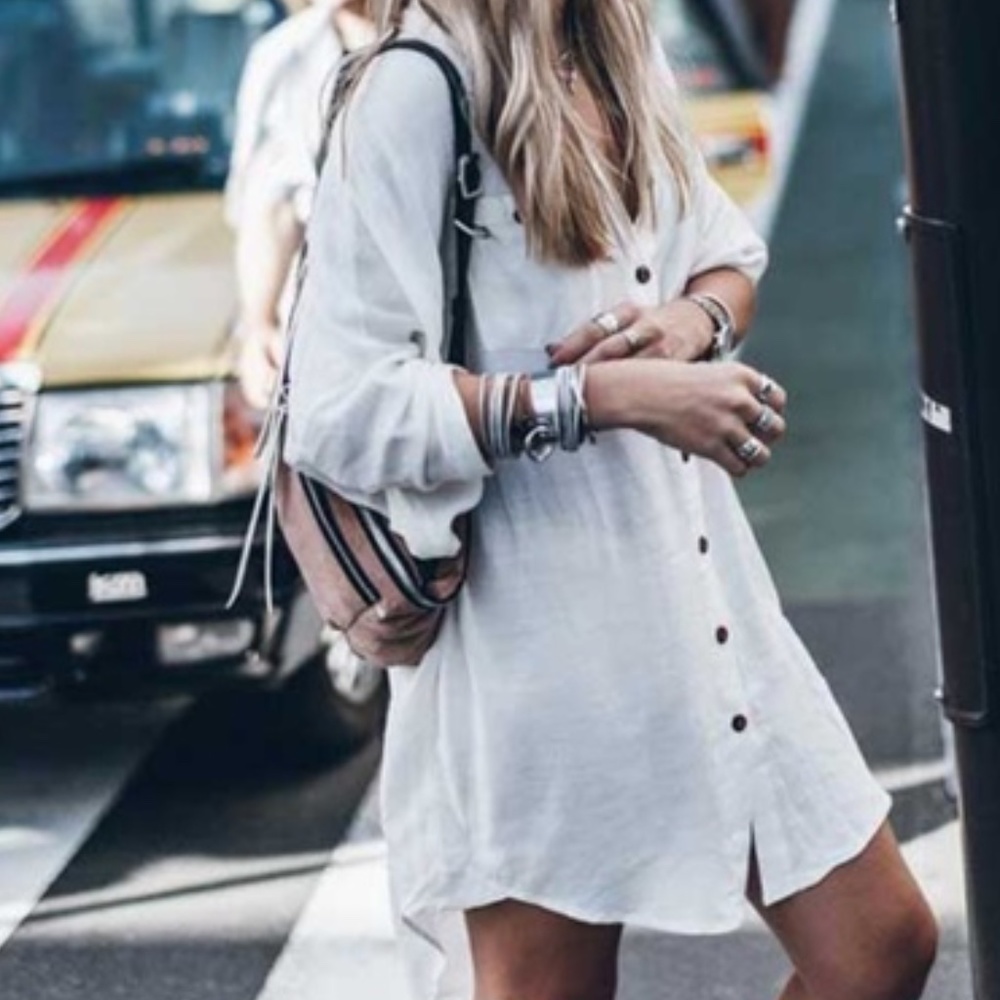 Bohemian White Button Down Shirt casual Dress - Picture 4 of 6